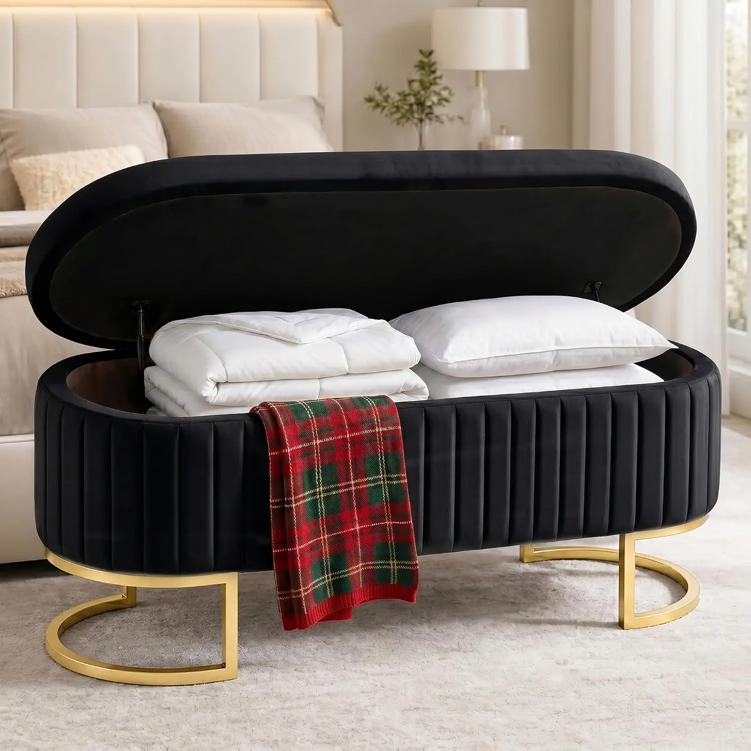 Modern Velvet Storage Bench, Luxury Channeled Queen Size End of Bed Bench with Hidden Storage and Gold Legs,Customized