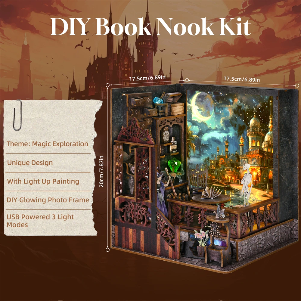 Book Nook Kit Magic Town DIY Wooden Puzzle Light Picture Halloween Bookshelf Dollhouse Model Bookend Building Home Decoration