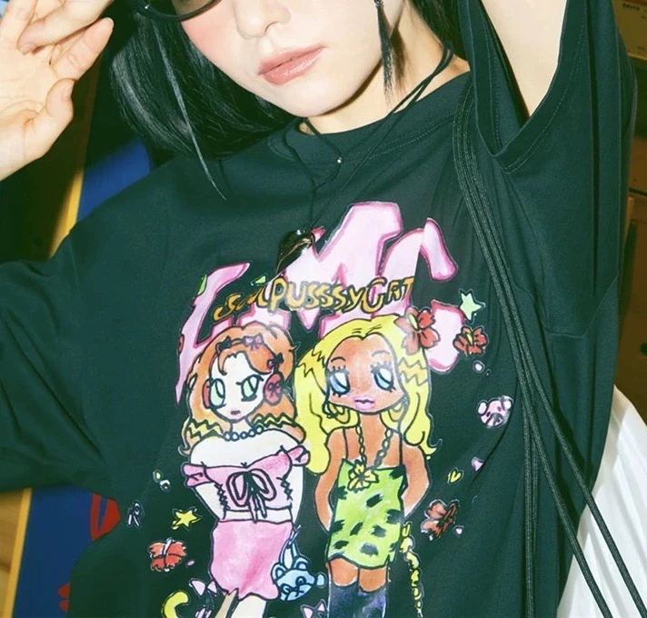 Cute Girl Loose fiti ort Sve T-irt Summer Casual Sle Cotton Knitted round Ne Mid-Length Creative Character Print