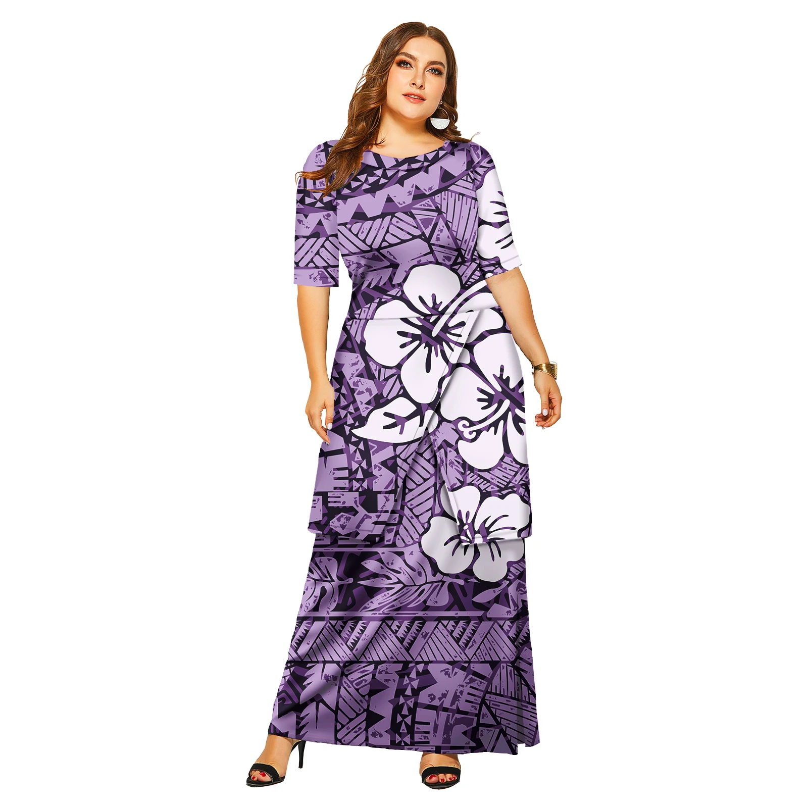 Fashion Party Church Slit Puletasi 2 Piece Set Hawaiian Hibiscus Print Women Dress Samoan Puletasi for Ladies Polynesian Tribal