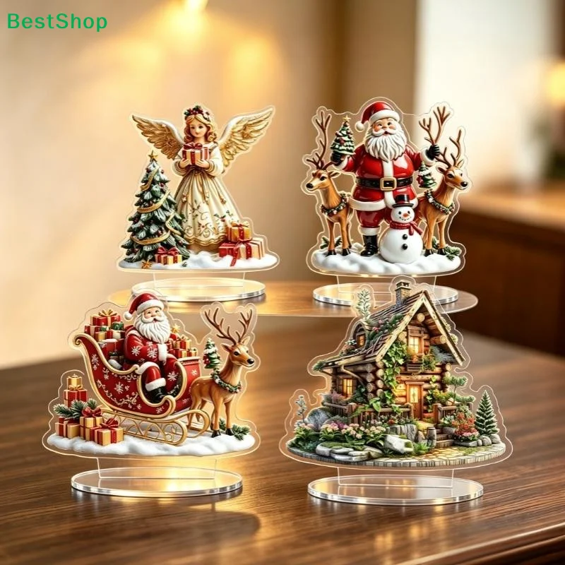 2D Acrylic Desktop Ornaments Fairy Mushroom House Santa Claus Reindeer Tabletop Plaque Home Office Christmas Gifts