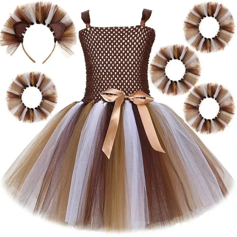 

Jungle Animals Lion Dresses for Girls Kids Princess Ballet Tutus Outfit Christmas Halloween Costumes with Wrist & Ankle Cuffs