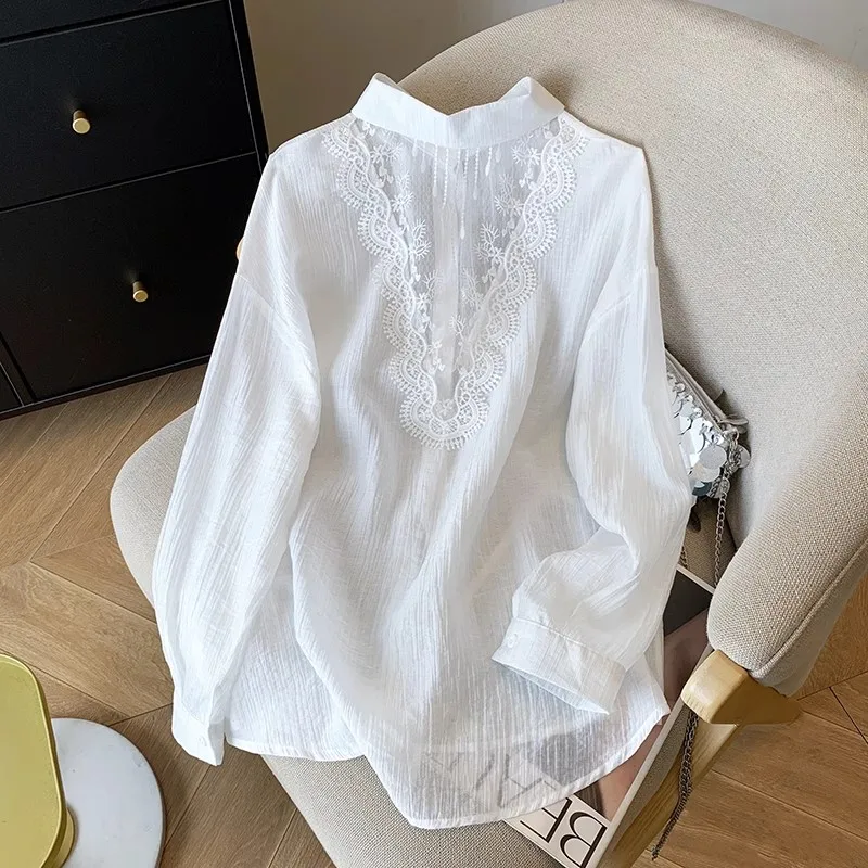 

Lace Hollow-out White Sun Protection Shirt for Women Summer Thin Style 2025 New Ice Silk Breathable Blouse