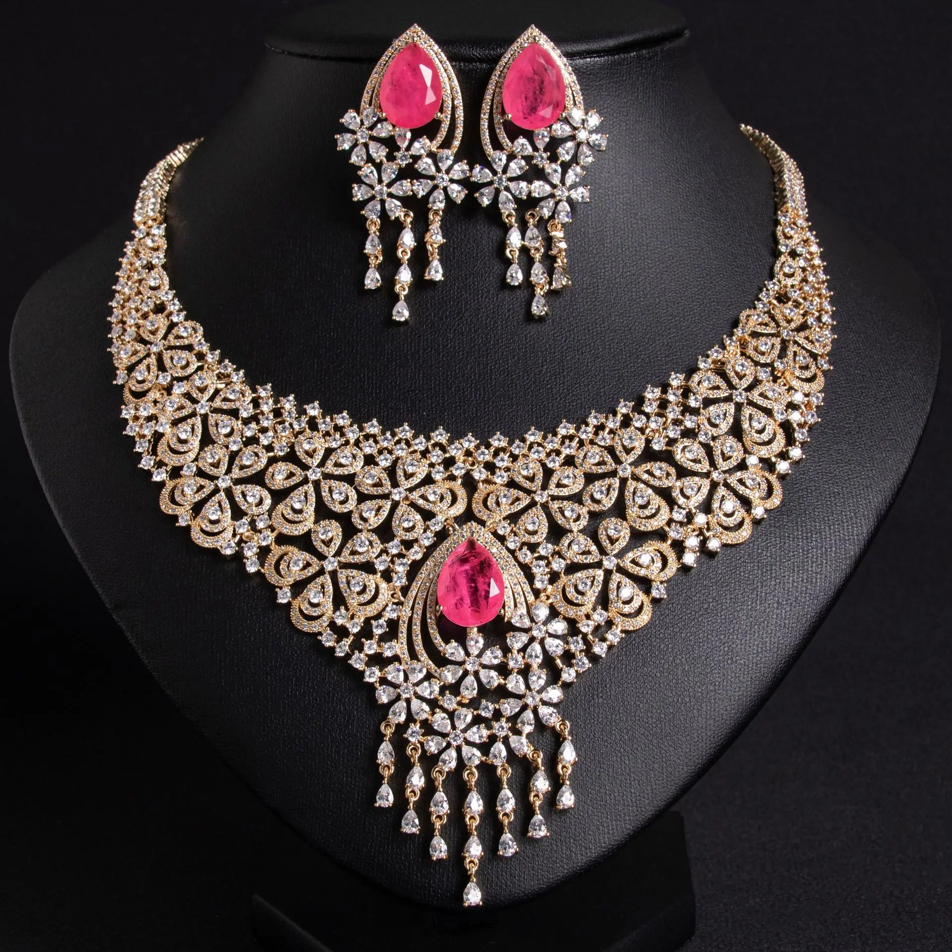 Luxury Cubic Zirconia Flower Jewelry Sets Beautiful Dubai Indian Bridal Wedding Necklace Earrings Sets for Wedding Party