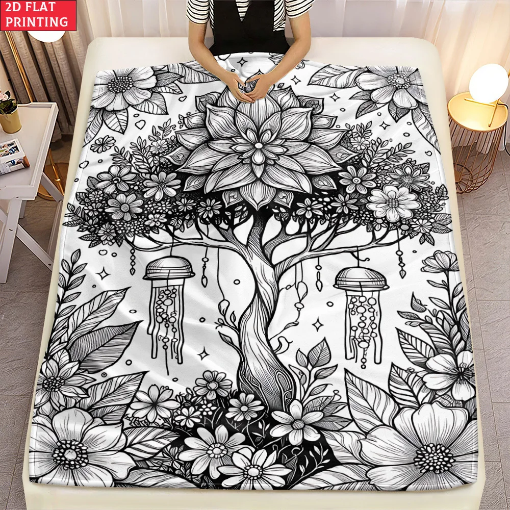 2D Flat Blanket Featuring a Floral and Tree Line Art Design, Perfect for Home Decor. This 240GSM Blanket Is Ideal for Use on Sof