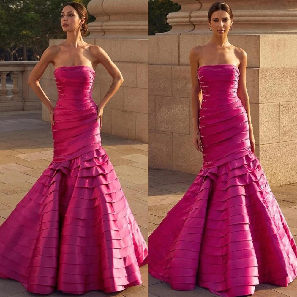 Personalizado moderno cetim sem alças vestido de noite delicado sem mangas vestidos de baile luxo varredura trem vestidos de ocasião especial