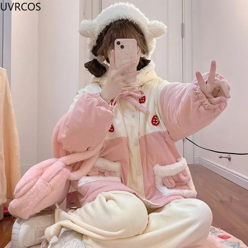 Japanese Sweet Corduroy Parkas Jacket Women Kawaii Y2k Strawberry Embroidery Hooded Outwear Female Autumn Winter Plush Warm Coat