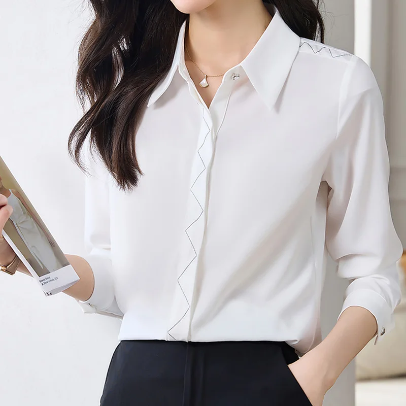 

Women Tops Turn Down Collar White Simple Loose Clothing Autumn New Long Sleeve Blouse Elegant Office Lady Silk Shirts 28772