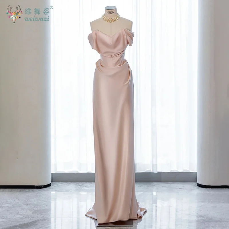 

New Evening Dress Off The Shoulder French Style Simple Satin Bridal Engagement Dress Tight-fitting Temperament Morning Robe