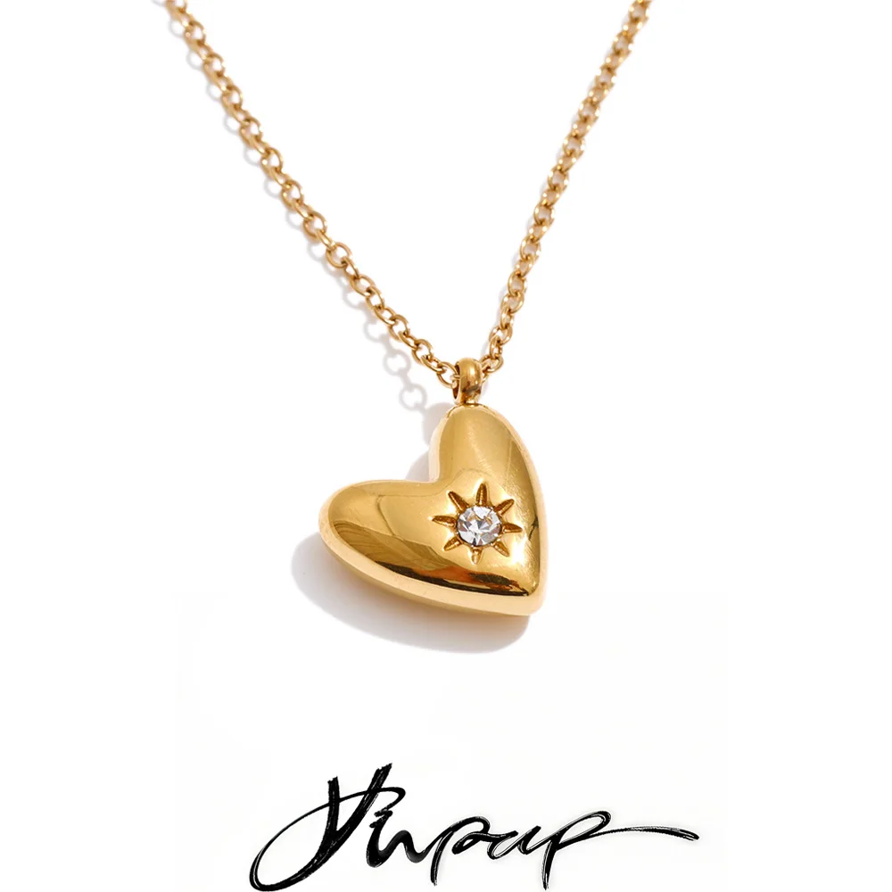 Yhpup Valentinstagsgeschenk, Edelstahl-Zirkonia-Herz-Anhänger-Halskette für Frauen, romantischer, modischer, goldfarbener Anhänger-Schmuck