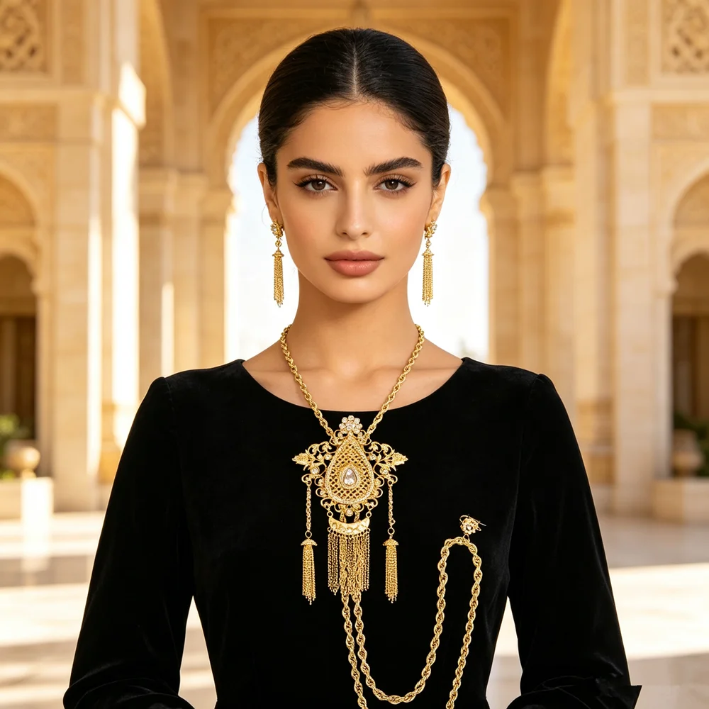 Classic Middle East Necklace Golden Plated Hollow Teardrop Pendant With Tassels For Bridal Banquet  Dress Accessory