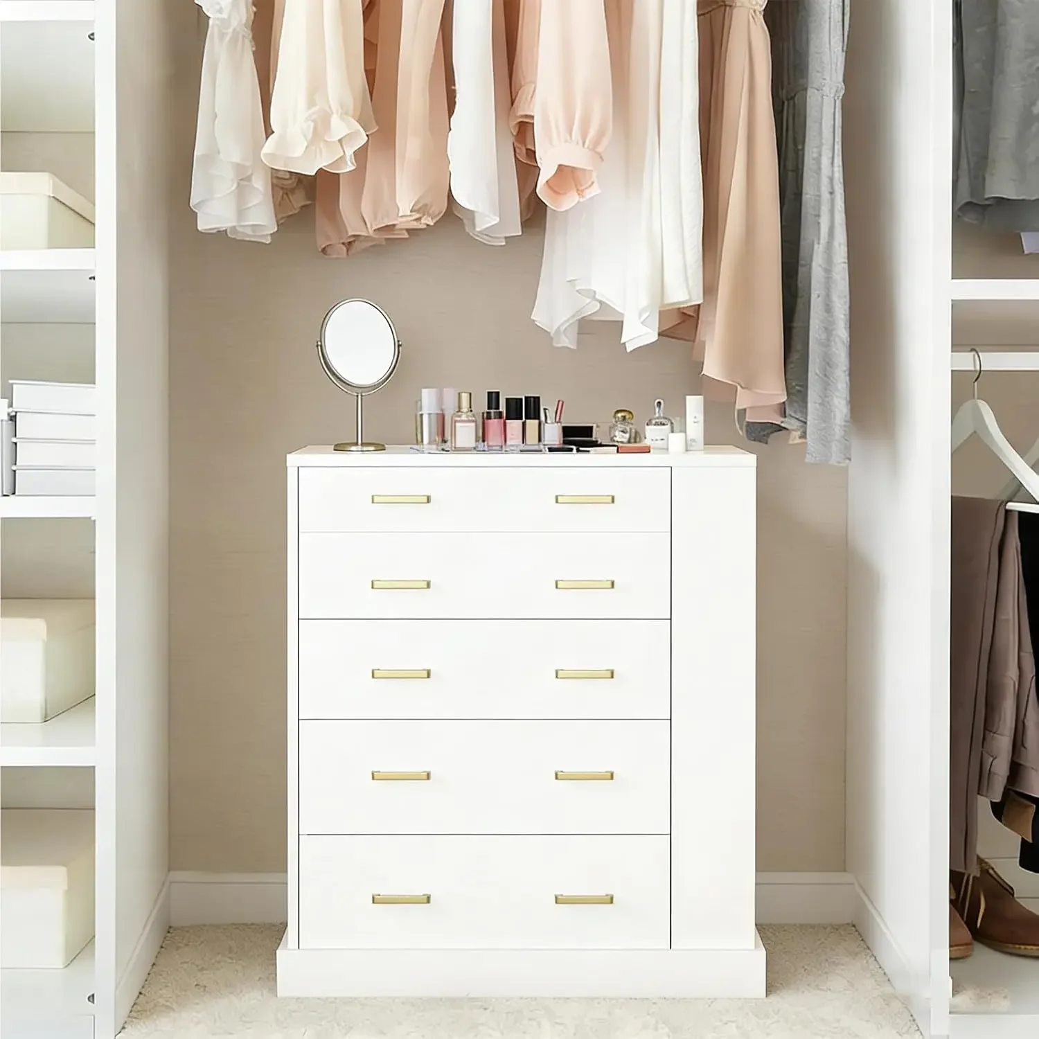 Closet Island with Open Shelves, Modern Glass Top Dresser with LED Lights, Tall Chest of Drawers with Jewelry Organizer for Bedr view 4