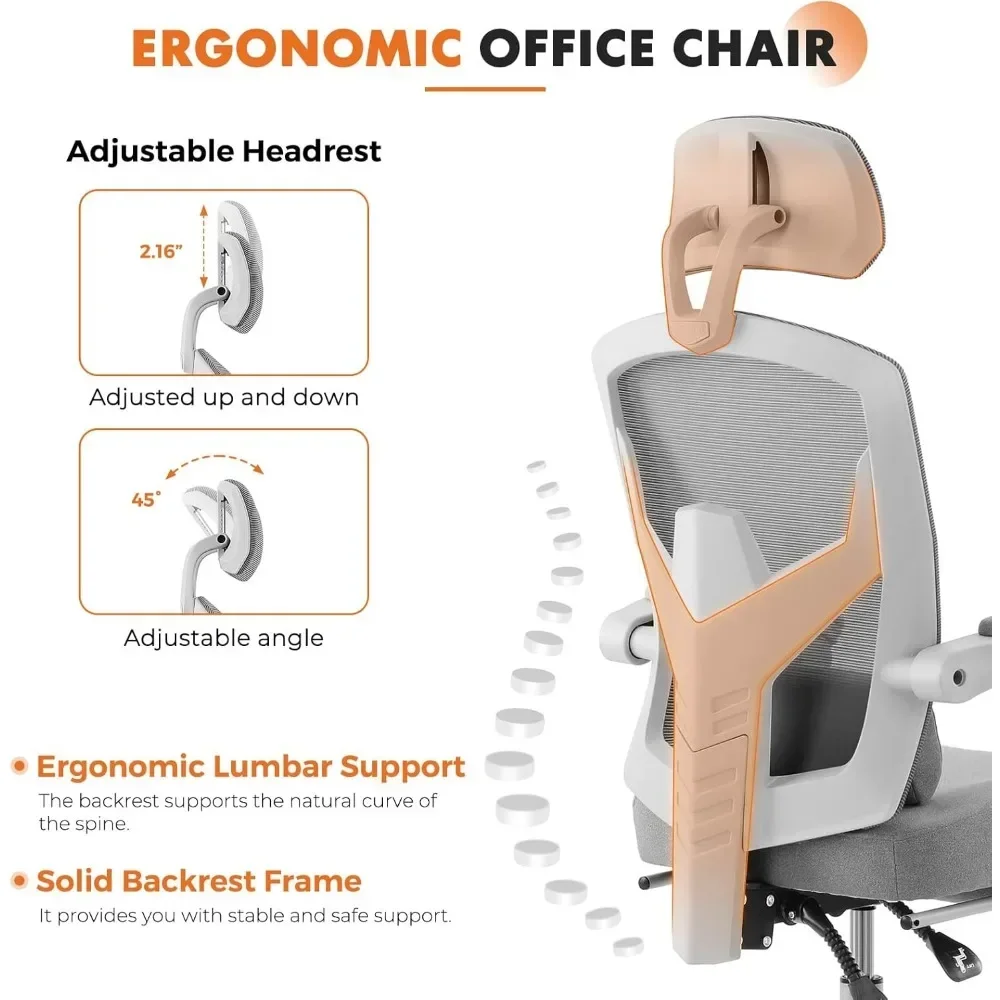 Cadeira de mesa de computador de escritório, cadeiras giratórias ergonômicas de malha com encosto alto e rodas, suporte lombar confortável