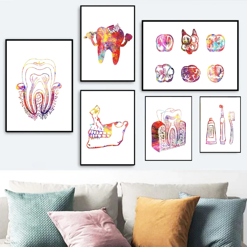 Watercolor Tooth Implant/Brushing/Flossing Human Anatomy Dentist Medical Poster Canvas Painting Wall Pictures Home Clinic Decor