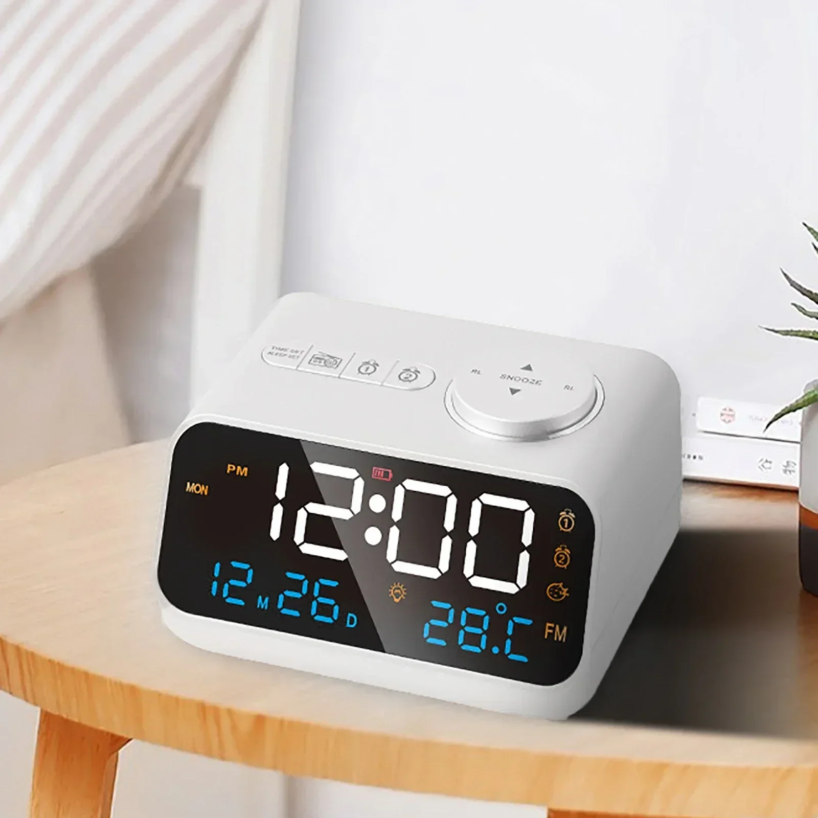منبه رقمي LED لجانب السرير ، ساعة مع راديو FM ، درجة الحرارة ، ميزان الحرارة ، الرطوبة ، مقياس الرطوبة ، التقويم ، جانب السرير ، 12 ساعة ، 24 ساعة