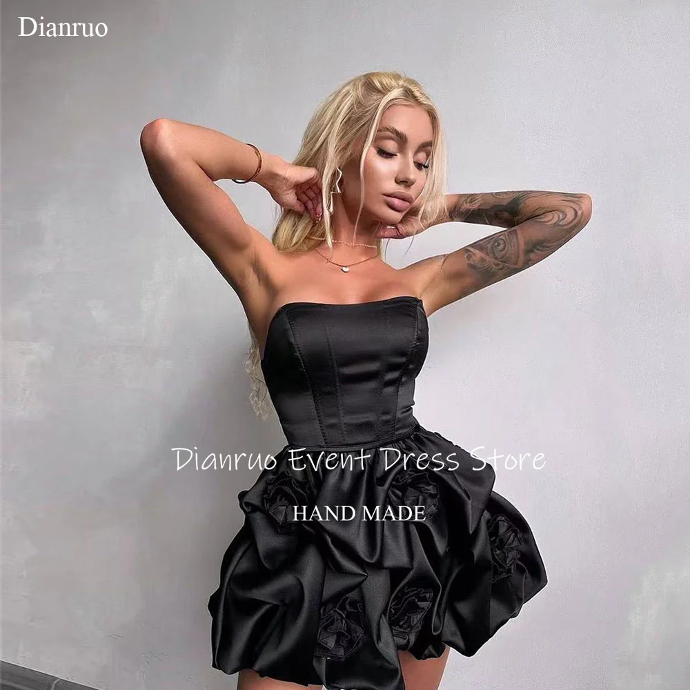 

Dianruo Satin Strapless Prom Dress Above Knee Sleeveless Summer Abendkleider Handmade Flowers Ruched Birthday Dresses Customized