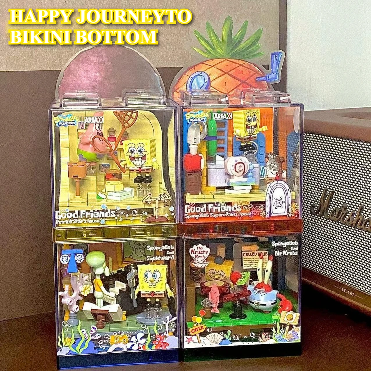 Kawaii Bob Esponja pantalones cuadrados casa de piña restaurante ancla casa modelo periféricos de animé adornos juguetes para niños regalos