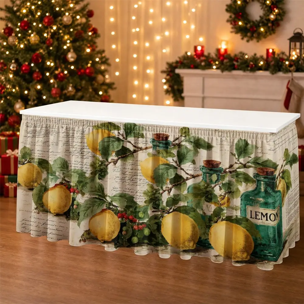 One bottle with lemon leaves, featuring a vintage text background and scalloped edge tabletop border