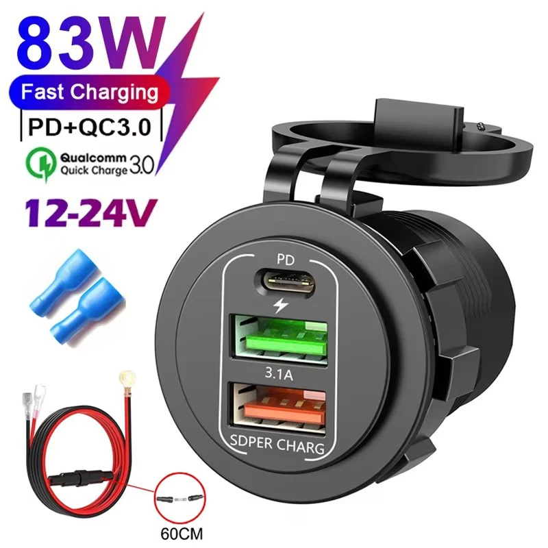 83W Autoladegerät Buchse PD30W Schnellladung Dual USB + Typ C Steckdose Telefon Netzteil mit Voltmeter für Motorrad LKW Boot
