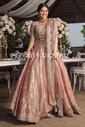 Rose Pink Sarees Kolkata India Evening Occasion Dresses with Cape Veil Gillter Beaded Applique Two Pieces Lehenga Prom Gown