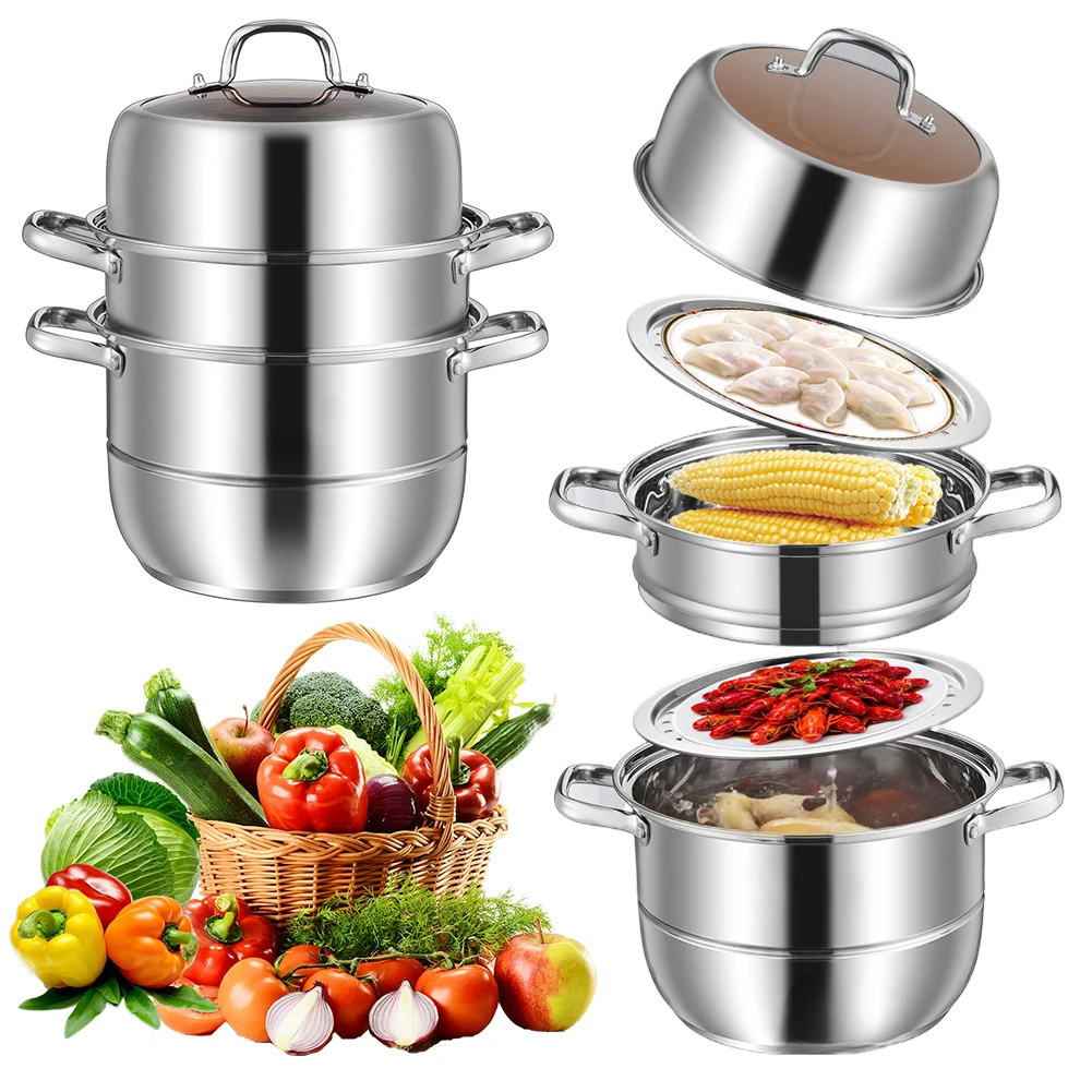 

11inch 3 Tier Stainless Steel Steamer Pot with Lid & Handle Food Steamer for Vegetable Dumpling Stock Sauce Food