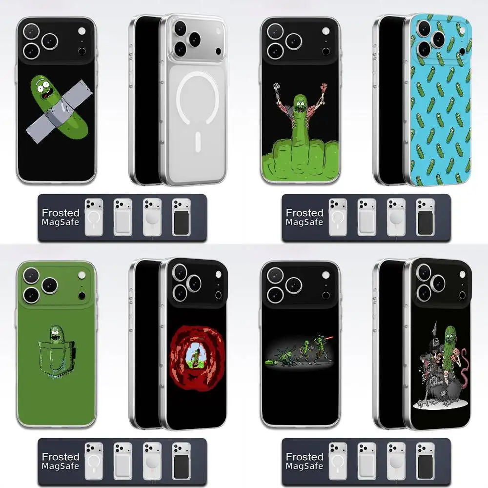 Custodia per telefono R-RickS Cucumber P-Pickles per iPhone 17,16,15,14,13,12,11,Pro,Max,Plus,E,Air,Mini Magsafe satinato trasparente