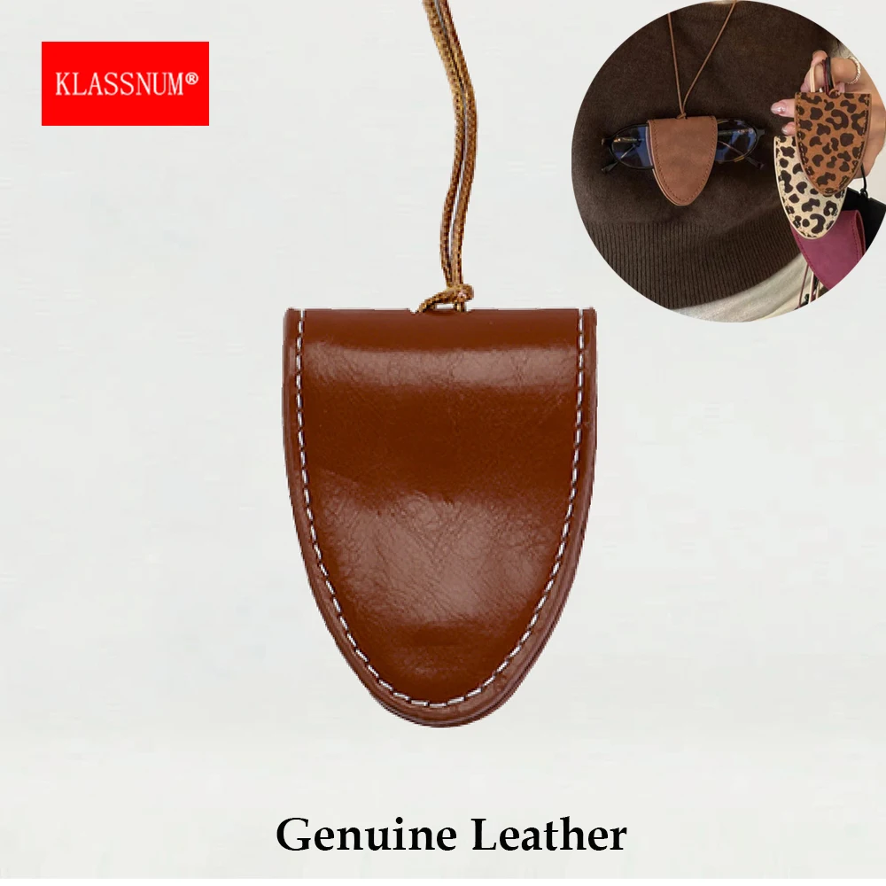 KLASSNUM Neck Glasses Case Genuine Leather Magnetic Neck Hanging Glasses Bag Necklace Trendy  Portable Glasses Clip Pendant 2025