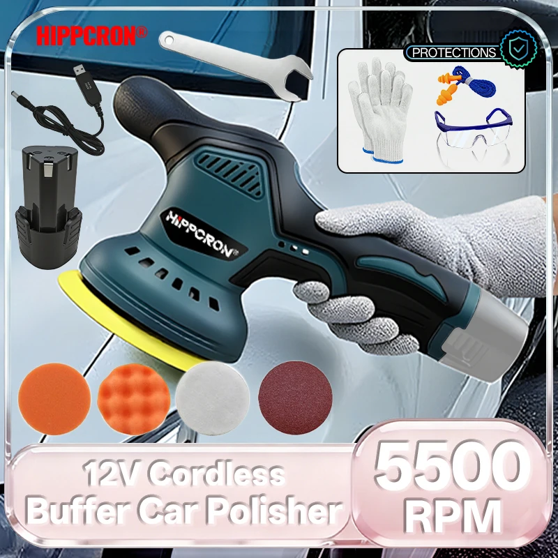 HIPPCRON 5500RPM Cordless Car Buffer Polisher 6' Kit Support 12V Battery 8 Speed Detailing Polishing Scratch Removing