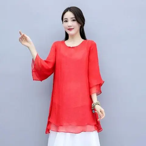 

Новый модный повседневный летний женский шифоновый топ в китайском стиле, свободный и тонкий