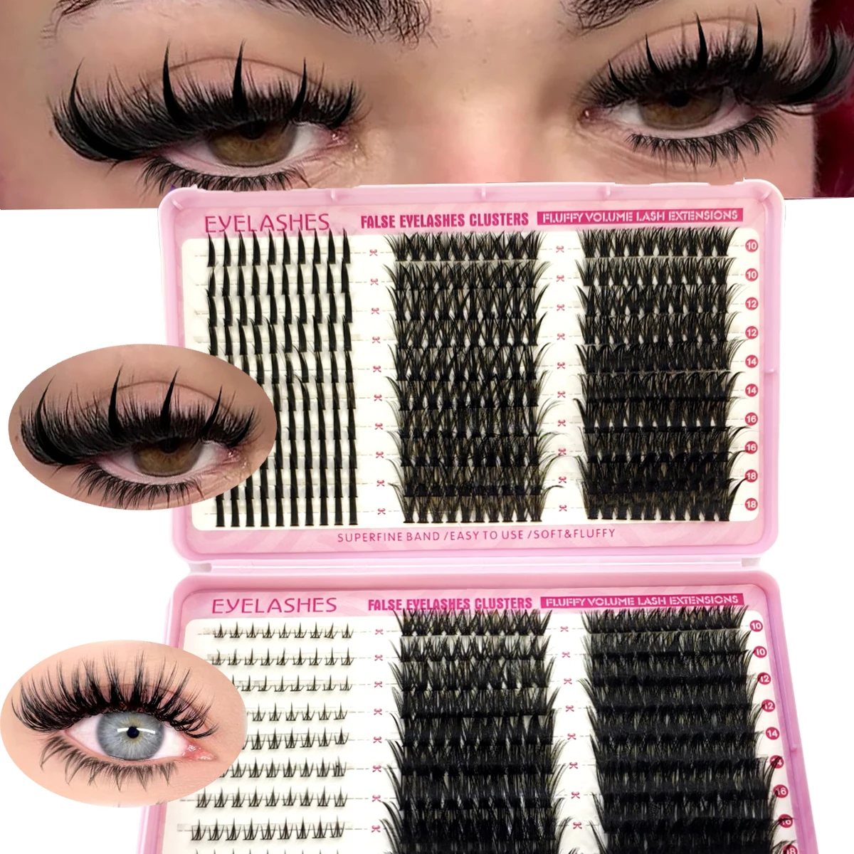 600PCS False eyelash cluster DIY 50-100D extended mixing disc plump clustered single piece cat eye false eyelash spikes+bottom