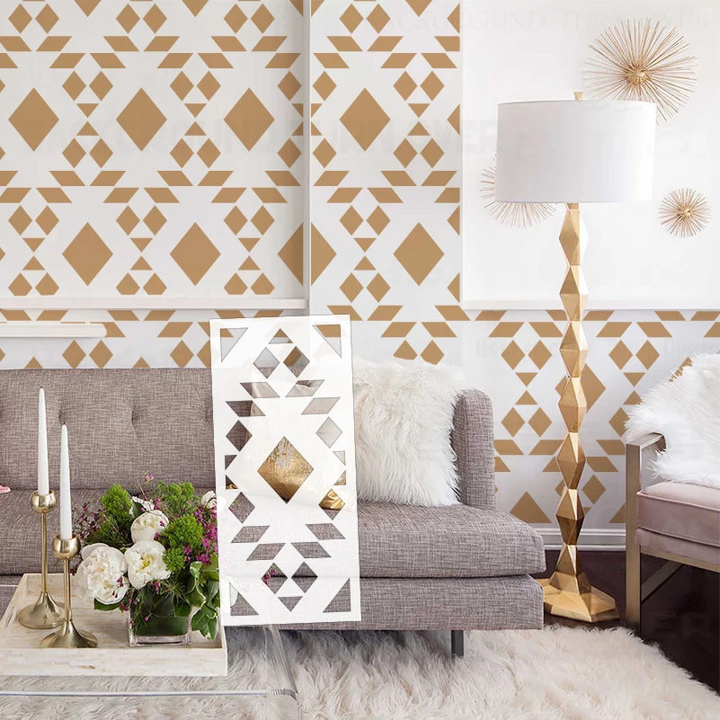 50cm - 90cm Stencil For Wall Large Paint Painting On The Niche Decor Furniture Geometric Arabic Diamond Shape Tiles S083