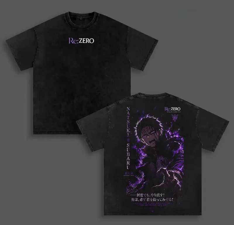 Harajuku Anime Re:Zero T-shirt Men Clothing Subaru Natsuki Vintage Washed T Shirt Summer Cotton Tees Tops Casual Loose Clothes