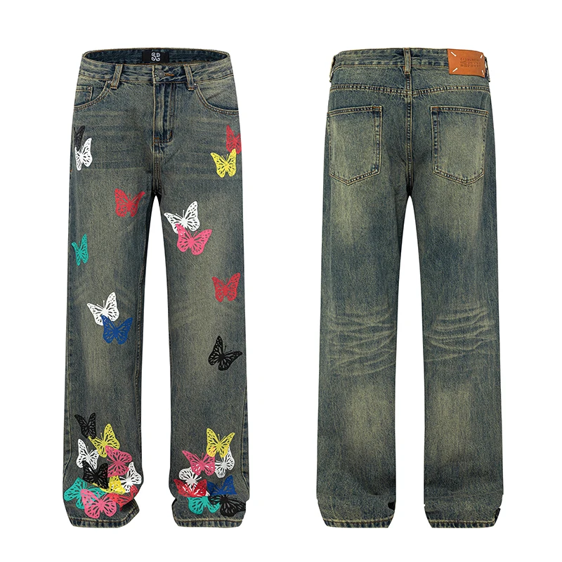 2024 fall new high-end retro loose straight men's jeans personalized butterfly print men and women with the same models