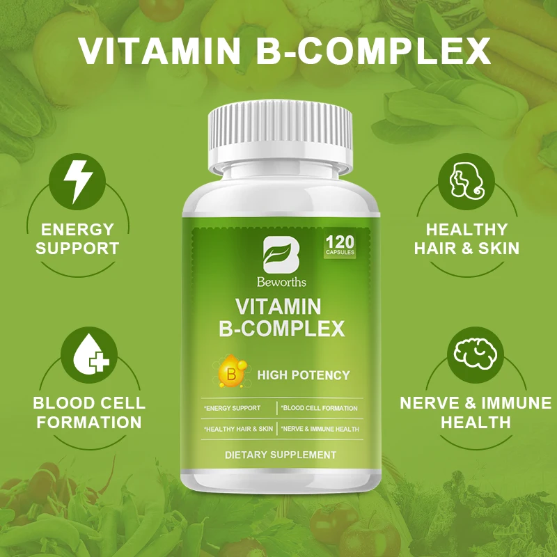 BEWORTHS Vitamin B Complex - B Group Vitamin Whole Food Supplements B1, B2, B6, B12- Used For Stress, Energy, And Immune Support