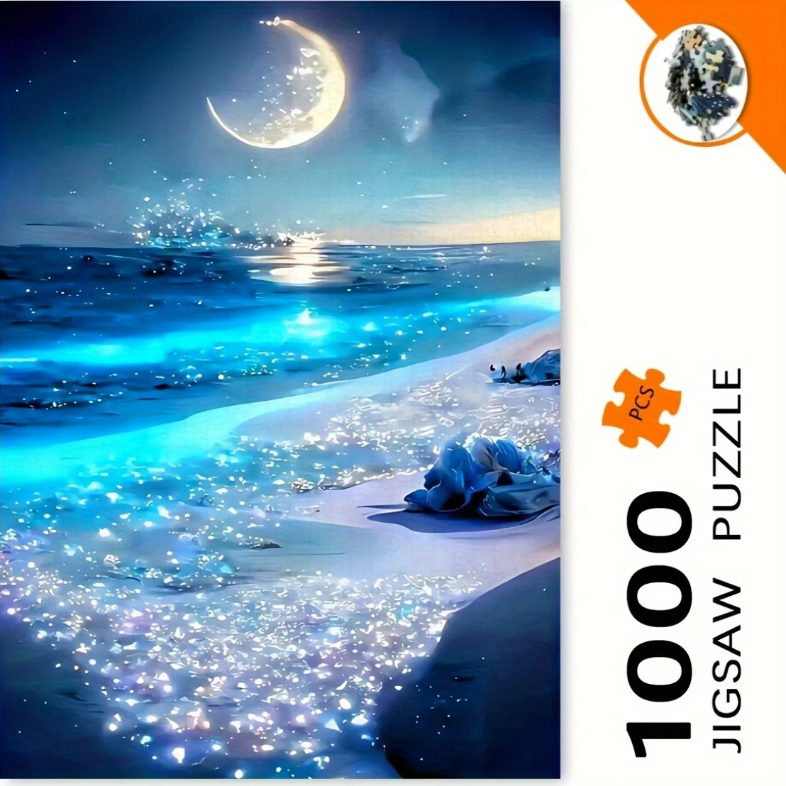 1000pcs Blue Moonlight Beach Puzzle - Starry Night Coastal Scene with Crescent Moon & Glowing Sands, Challenging Adult Puzzle