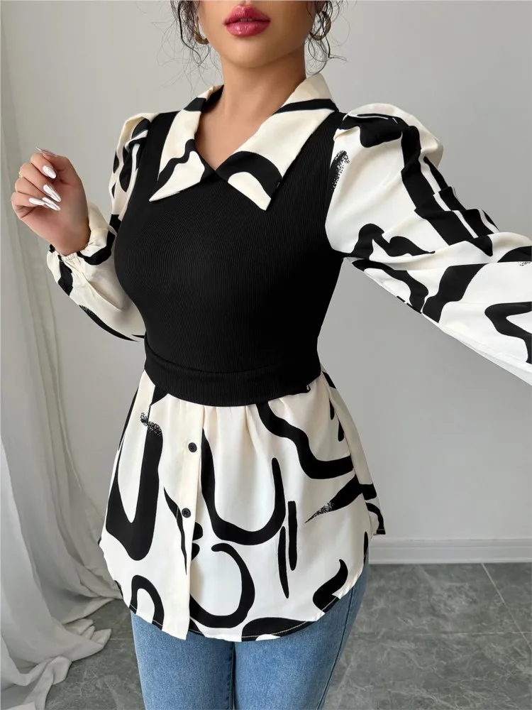Women's Print Long Sleeve Top Fashion Buttoned Loose Pleated Clothes Casual Lapel Blouses&Shirts For Female Ladies Loose Shirts