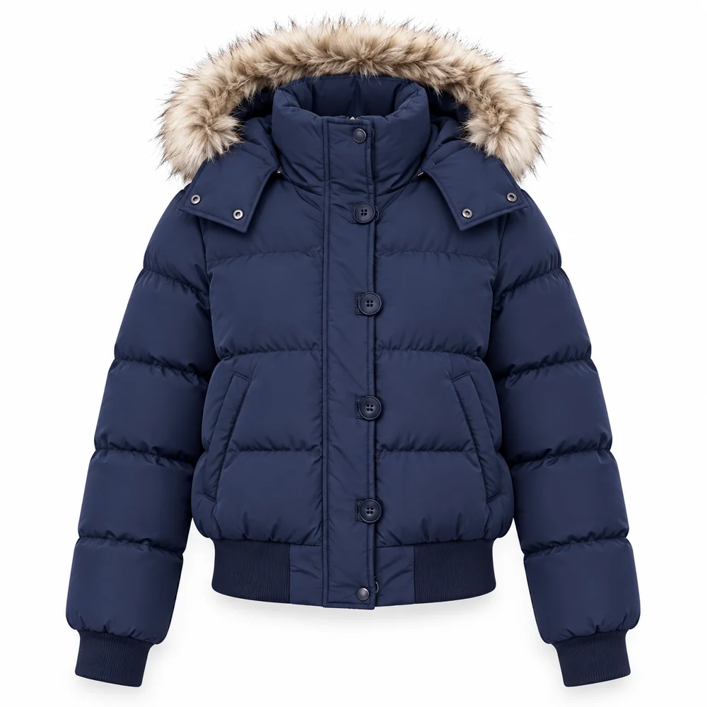 Women Cropped Puffer Jacket Faux Fur Trim Hood Winter Padded Coat Long Sleeve Cold Weather Padded Outerwear