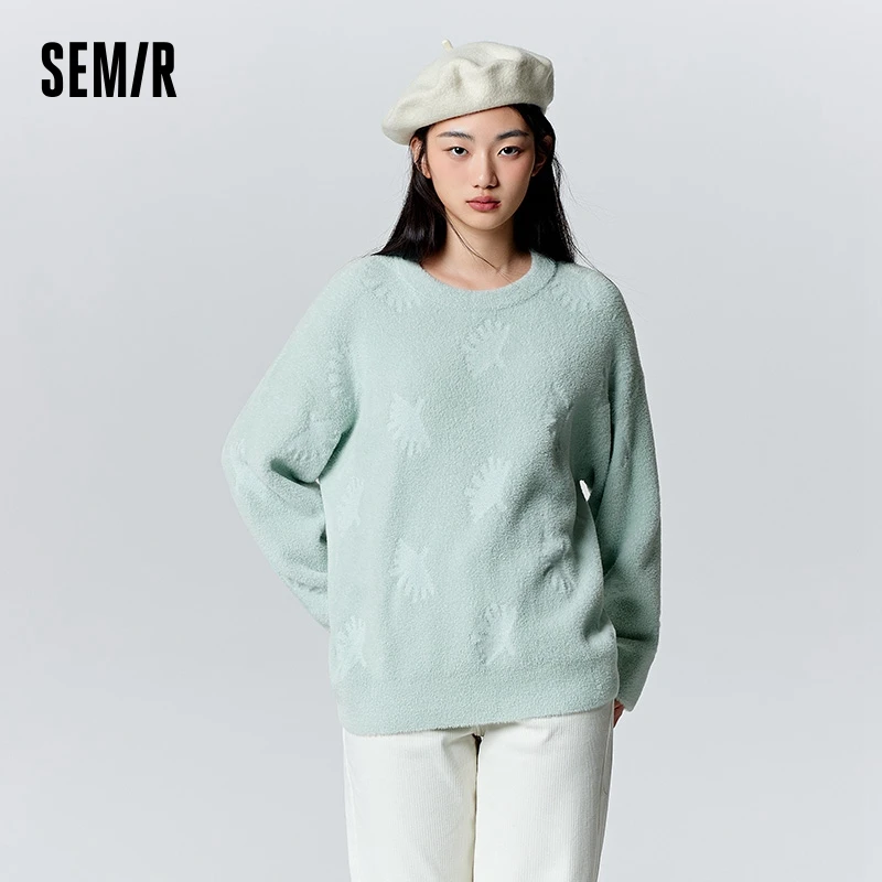 Semir Sweater Women Imitation Mink Fur Gentle Girlish Winter Oversize Round Neck Jacquard Top