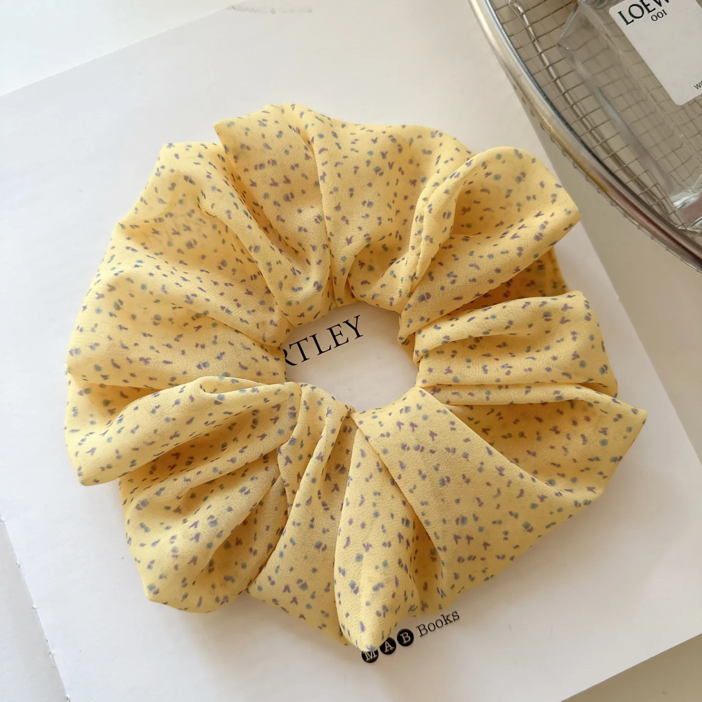 Yellow Floral Chiffon Large Scrunchie Hair Tie for Low Messy Bun and Ponytail Soft Elastic Lightweight Premium Daily Use