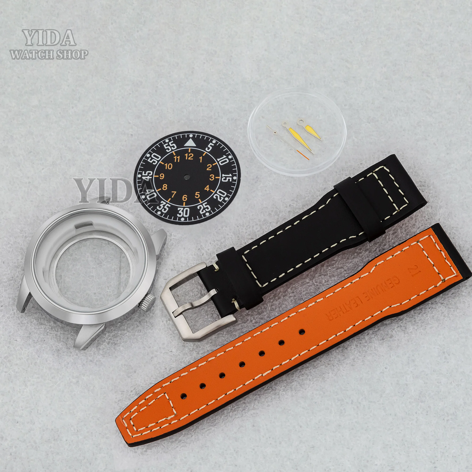 

NH35 42.7mm Watch Case Genuine Leather Band Green Luminous Dial Hands Stainless Steel for Mark XX fit NH35 NH36 Movement Parts