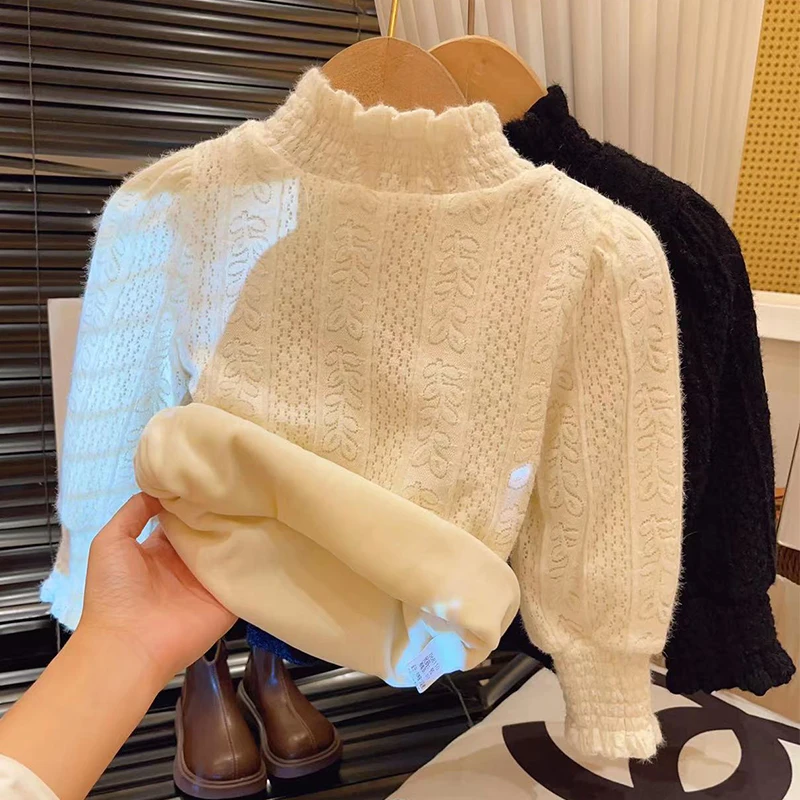 1 To 8 Years Girls Sweater 2026 Autumn Winter New Kids Warm Pullover Sweater Sweet Lace Little Princess Top Children Solid Shirt