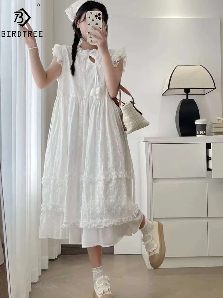 New Summer Cotton Short Sleeve Dresses Women Embroidery Lace Mori Girl Loose French Sweet Commute Dress 2024 Autumn D46301QM