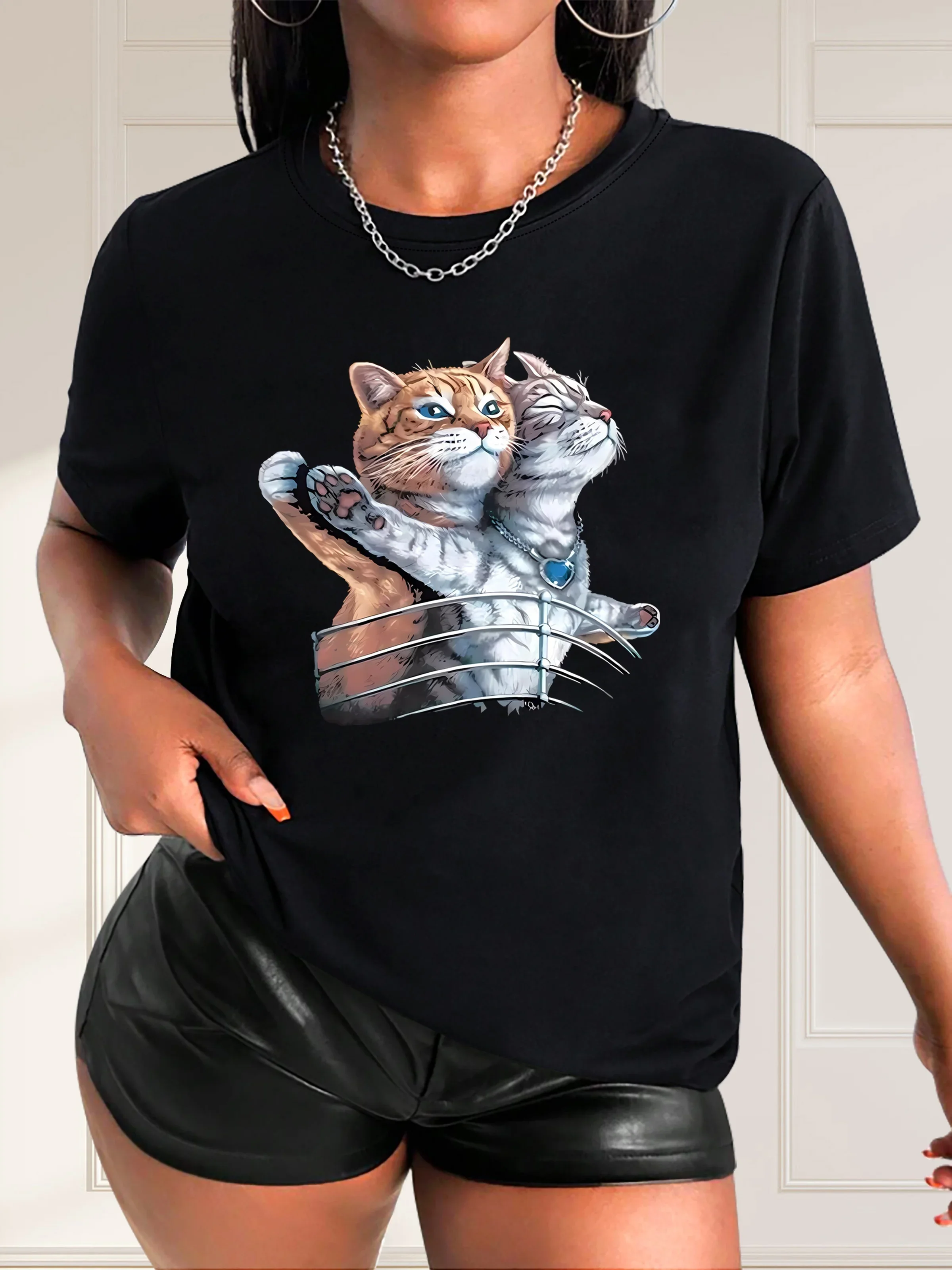 

Summer Women's Two Cats Cartoon Graphic Print Fashionable Casual Sports Loose Round Neck Short Sleeved T-shirt Top Graphic Y2K