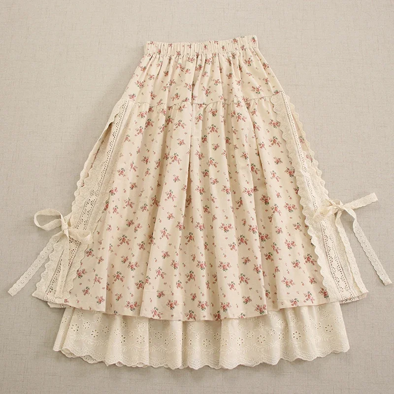 Spring Sweet Lace Bandage Stitched Floral Skirt Women Elastic Waist Skirts HT20151