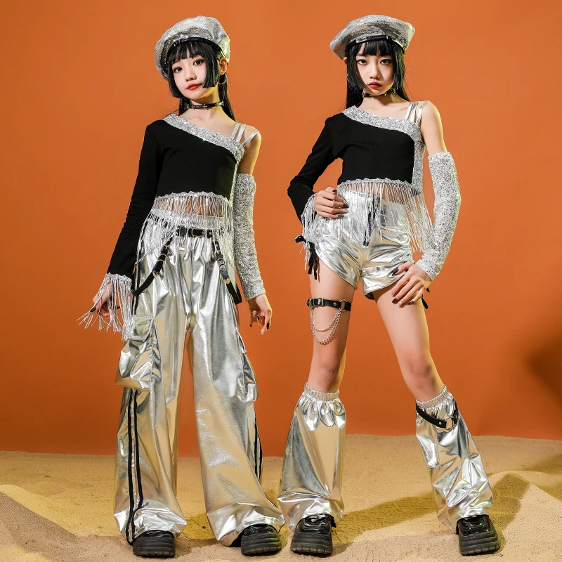 Customized Jazz Dance Suit for Girls with Exposed Navel Black Silver Suspender Suit Runway Children's Street Performance Costume