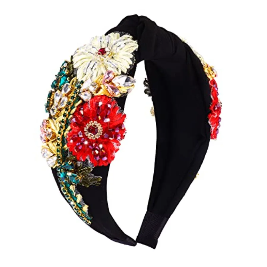 

Rhinestone Headband For Women Statement Crystal Knotted Turban Hairband Handmade Beaded Embroidered Flower Hair Hoop Elastic Fa