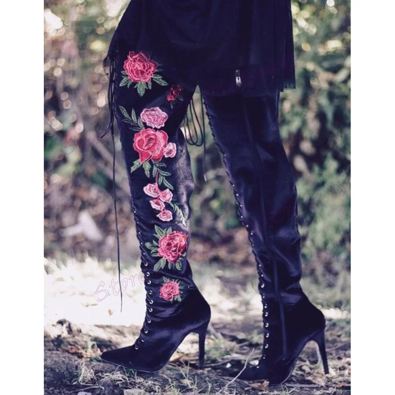 

Black Suede Flower Embroidery Decor Boots Pointed Toe Knee High Shoes for Women Thin High Heels Shoes 2024 Zapatos Para Mujere