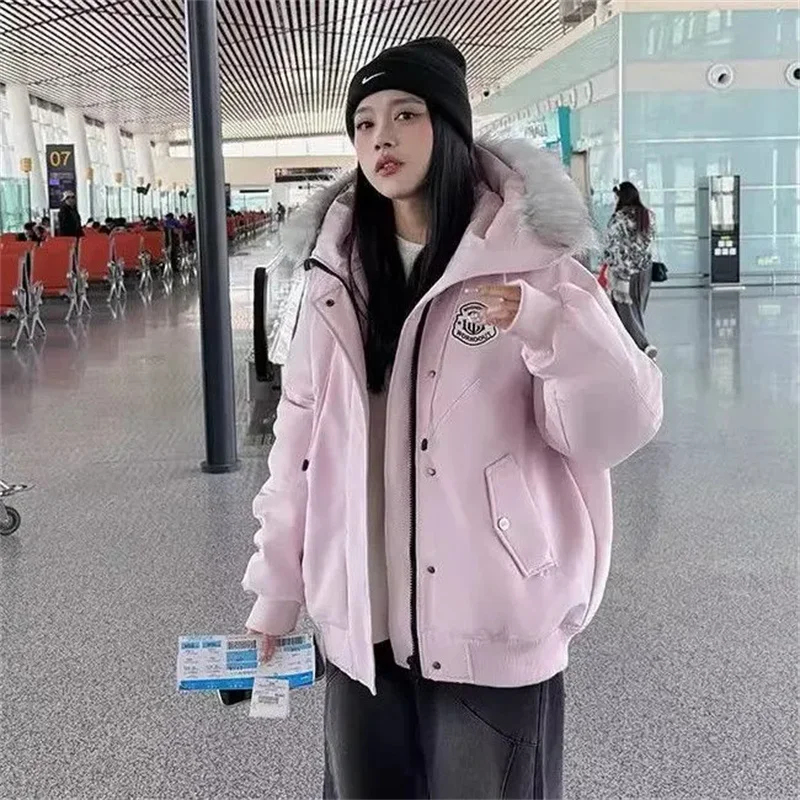 

Winter Big Fur Collar Parkas Jacket Women New Fashion Korean Loose Hooded Thick Warm Casual Cotton Padded Coat Female Overcoat