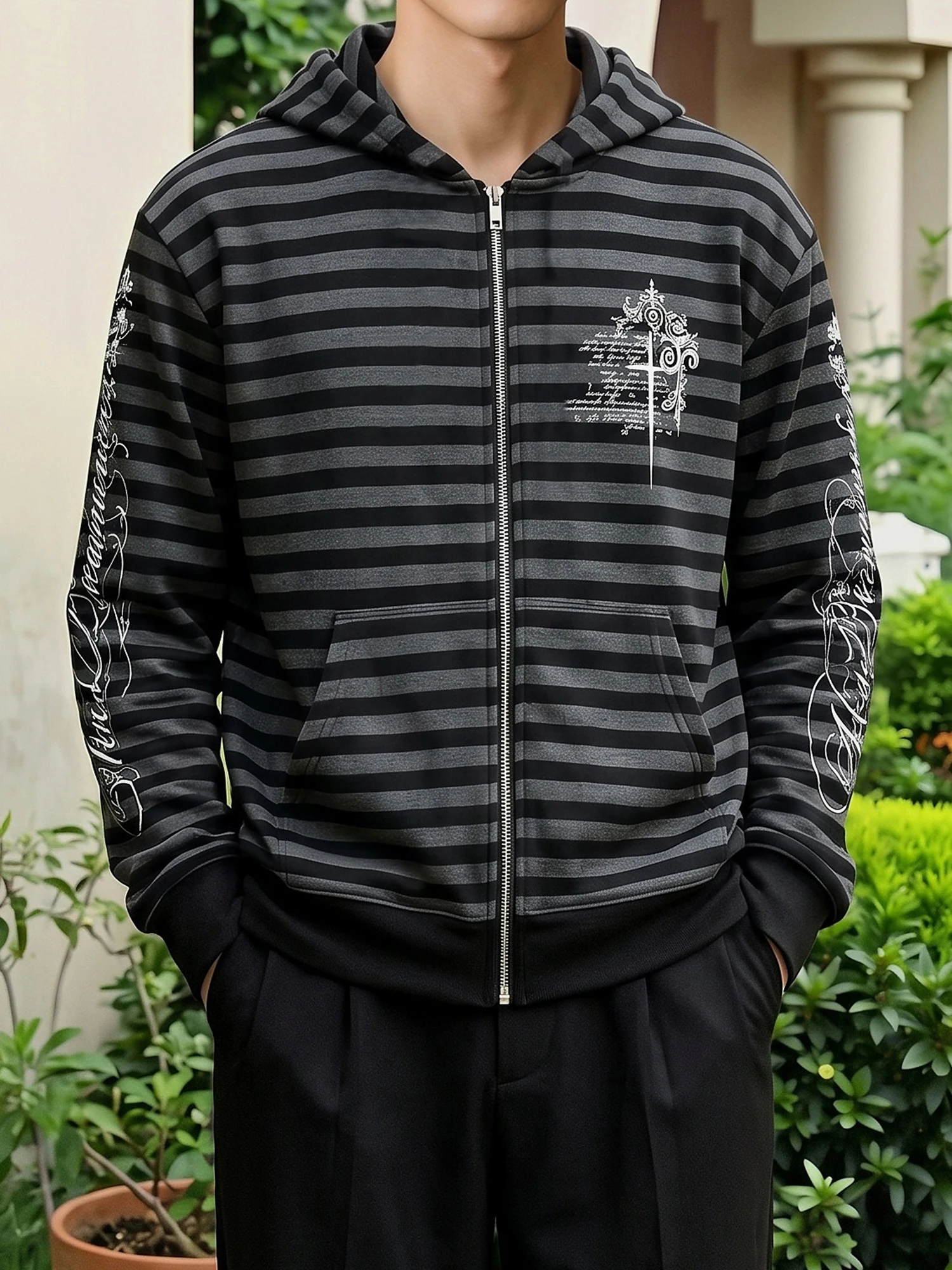 Jaqueta Hoodie Masculina Leve com Estampa de Slogan Listrado e Manuscrito de Bainha de Espada Americana Retrô, Estilo Urbano ...