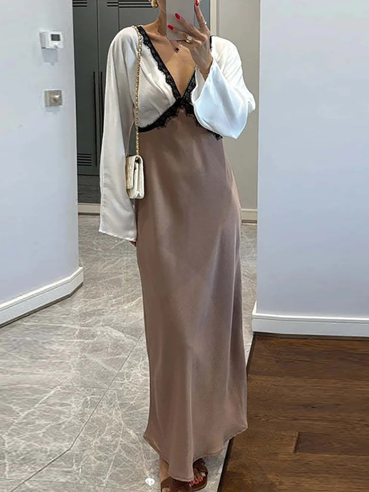 セクシーなレーススプライスVネックカラーブロックイブニングドレス、エレガントなサテンロングスリーブフィット、バンケットドレス、秋の女性用通勤ロングドレス